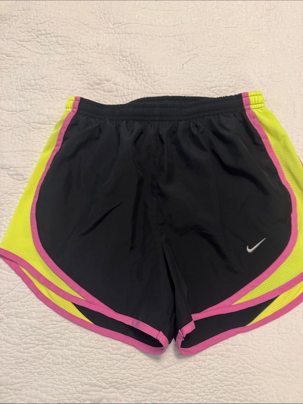 Nike Women’s Black Athletic Shorts with Neon Yellow Panels and Pink Trim